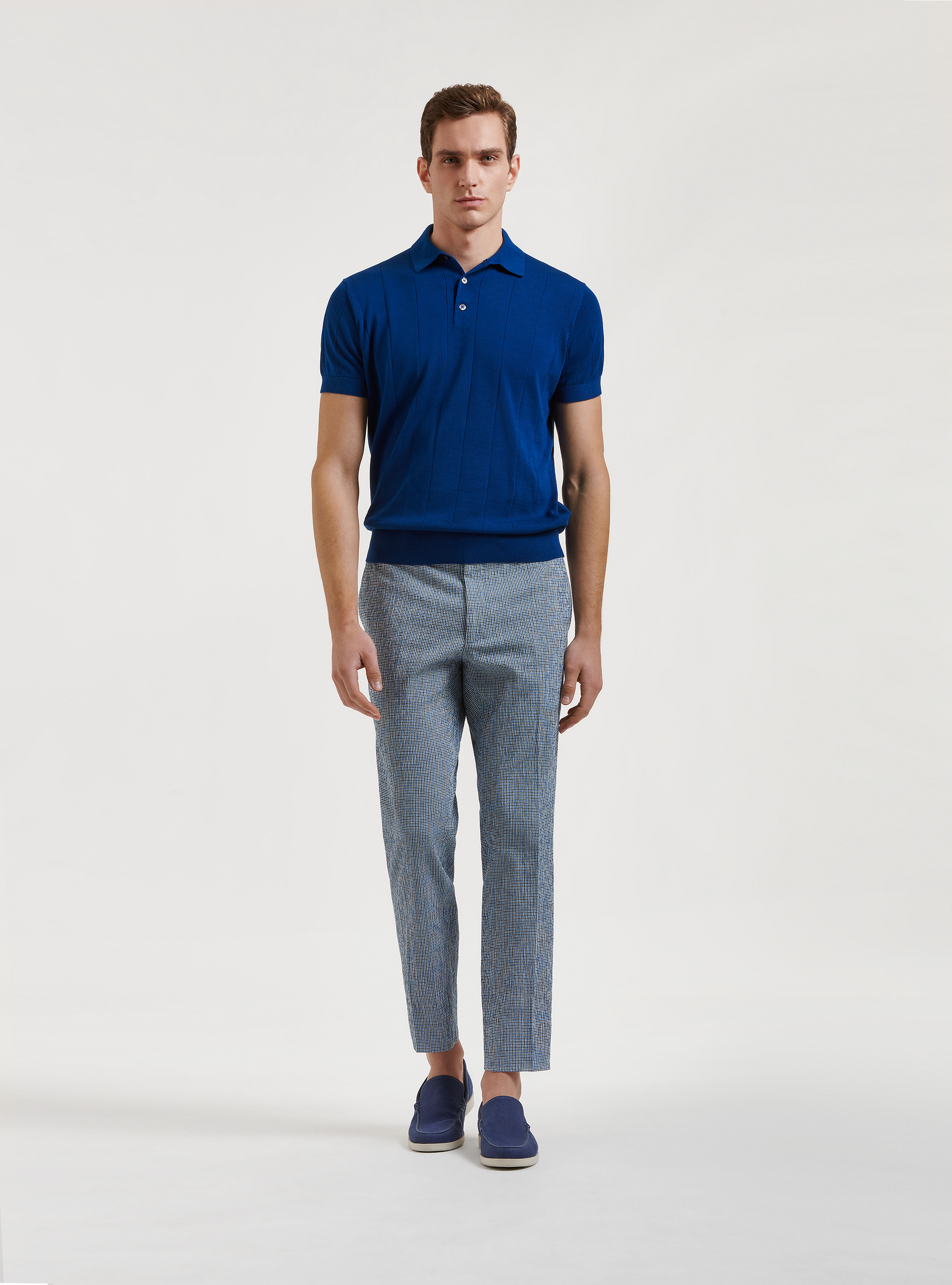 Pantaloni micro quadro seersucker in lino e cotone, BLU