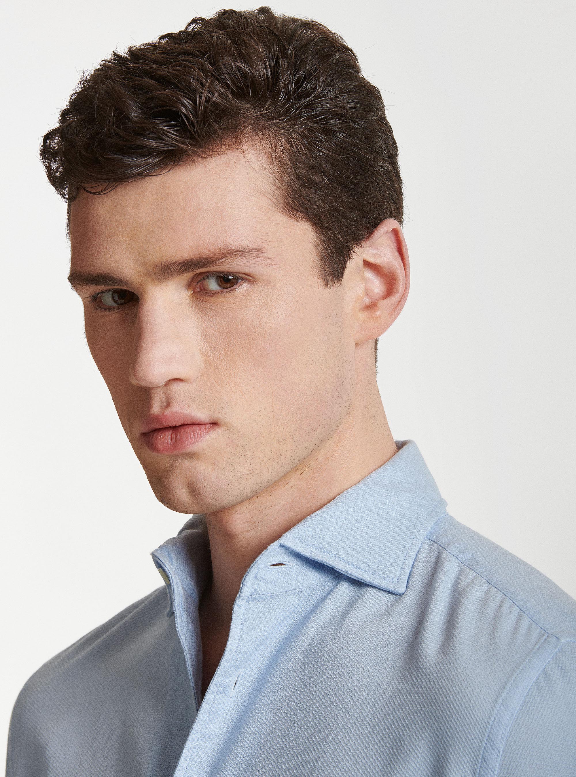 Camicia collo semi francese in cotone tinto in capo, AZZURRO