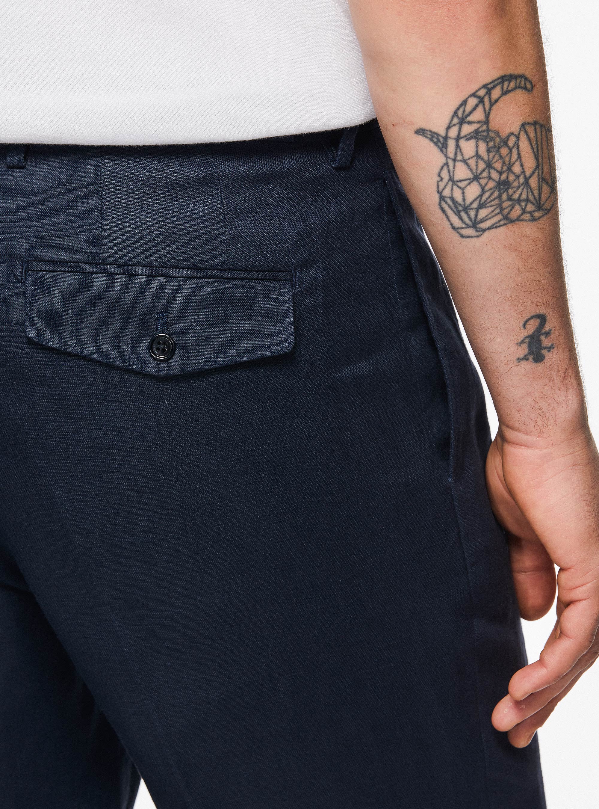 Pantaloni doppia pince in puro lino, BLU NAVY