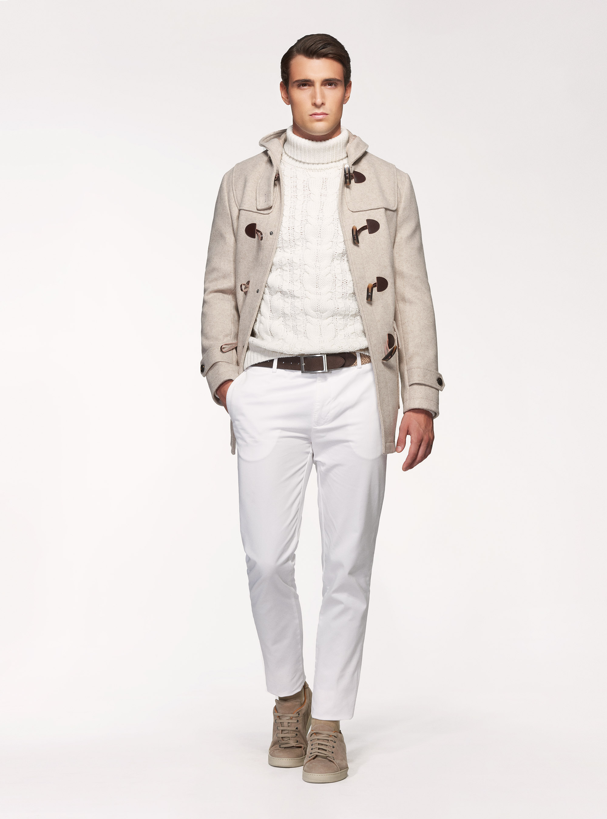 Maglia collo alto in misto lana a treccia, BIANCO