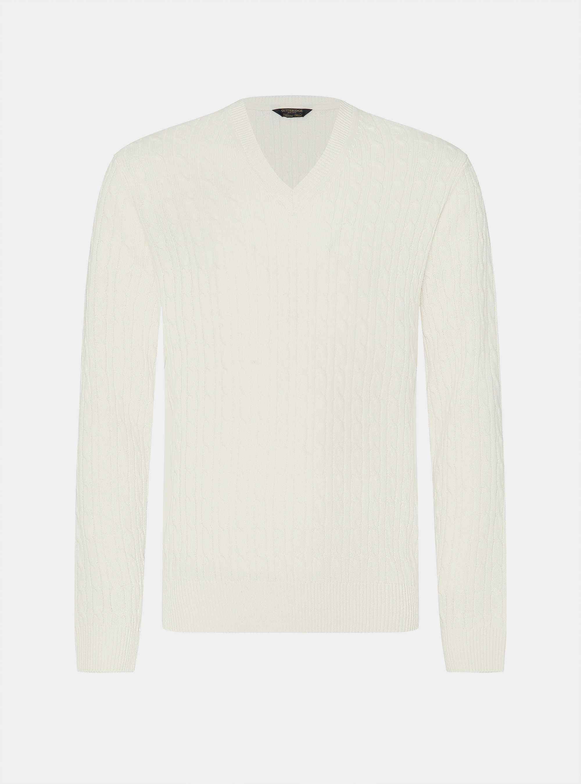 Maglia scollo a V con treccia in lana merino, BIANCO