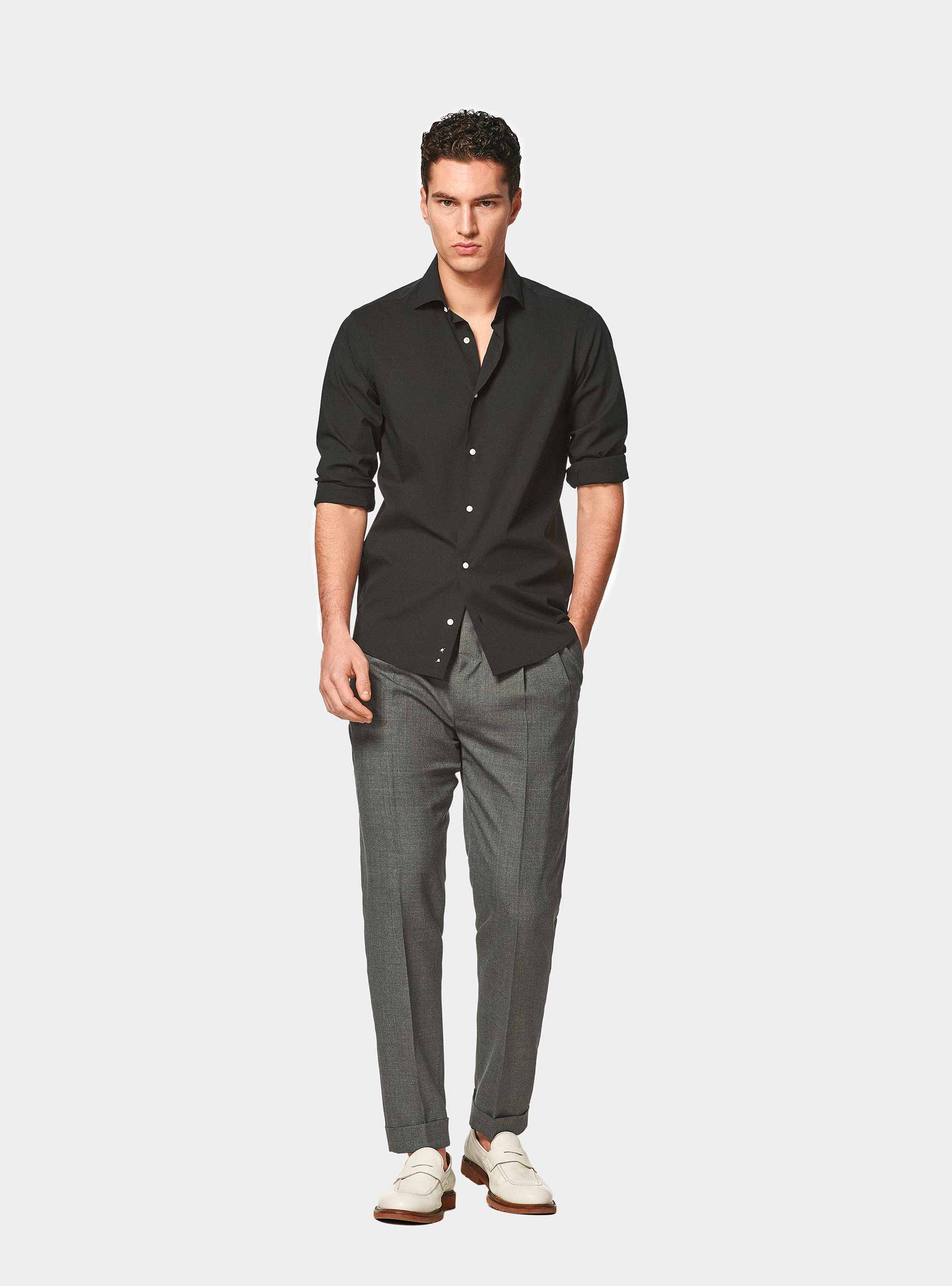 Camicia in popeline stretch, NERO