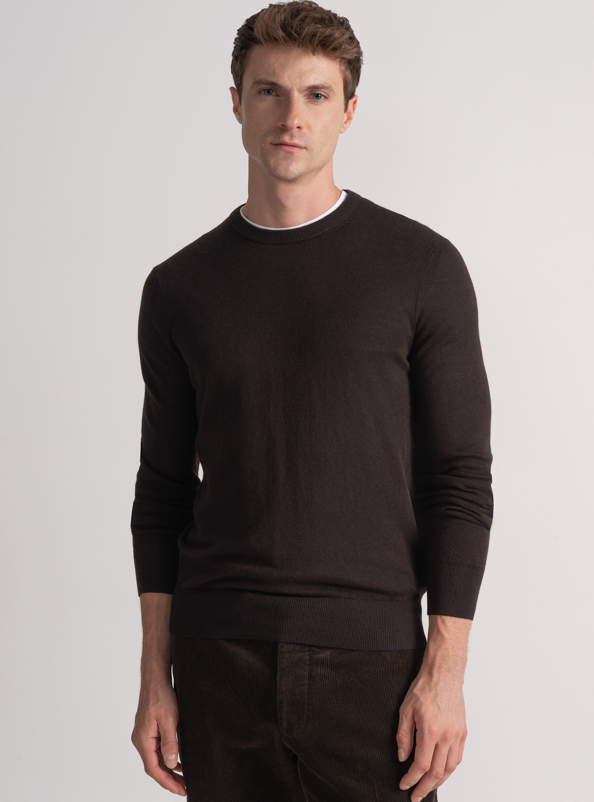 Maglia girocollo in cotone seta e cashmere, MARRONE