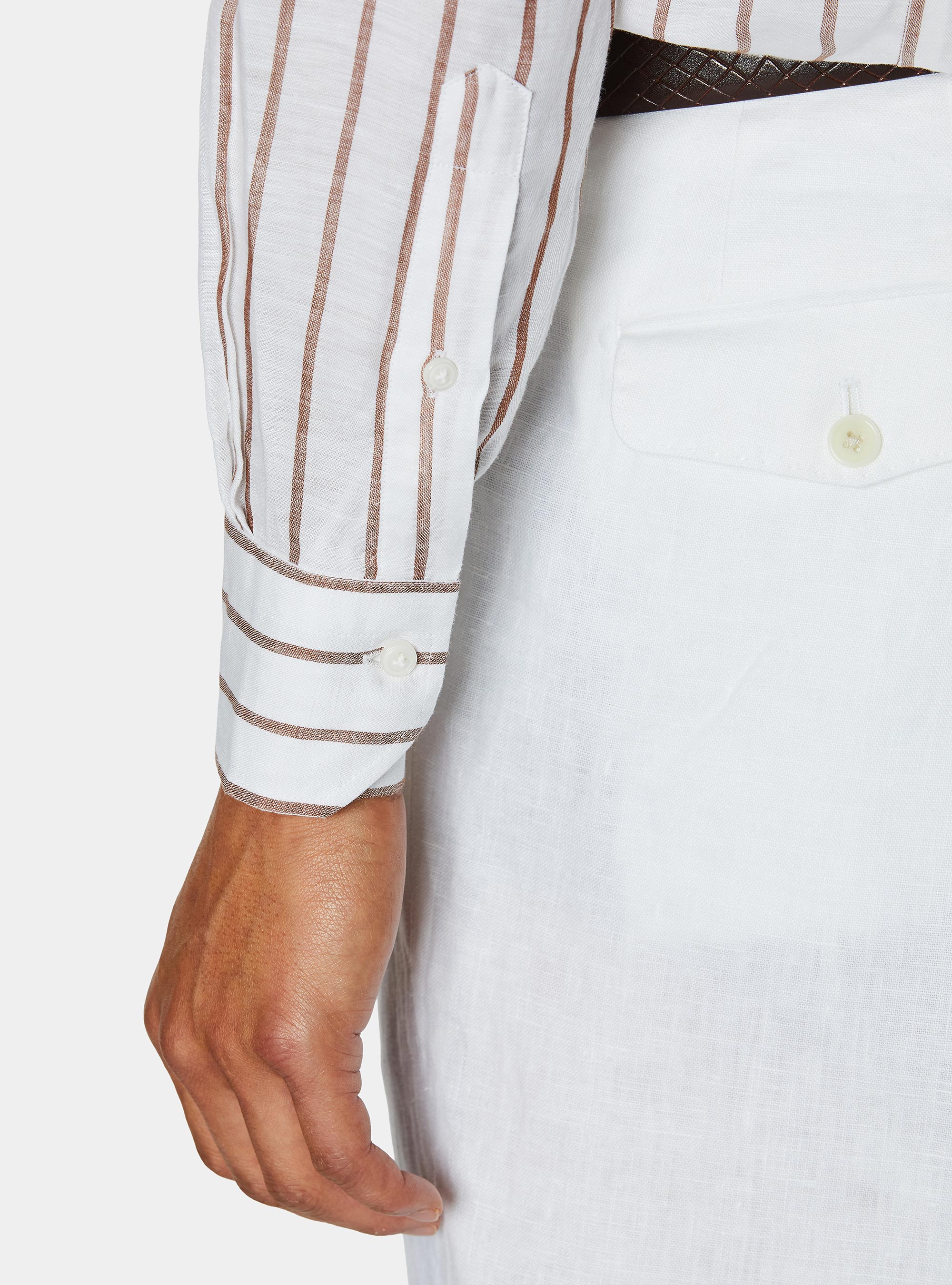 Camisa de rayas en mezcla de lino, MARRON