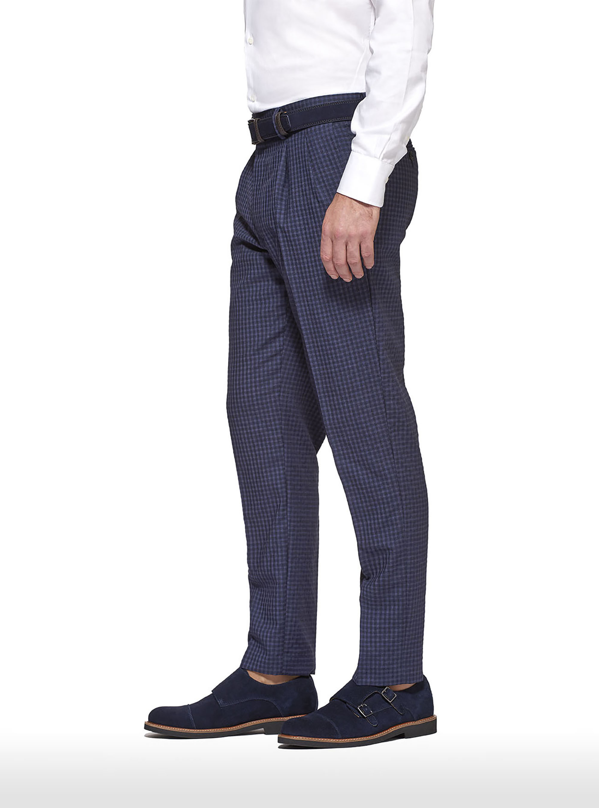Pantaloni check in lana sfumata, BLU NAVY