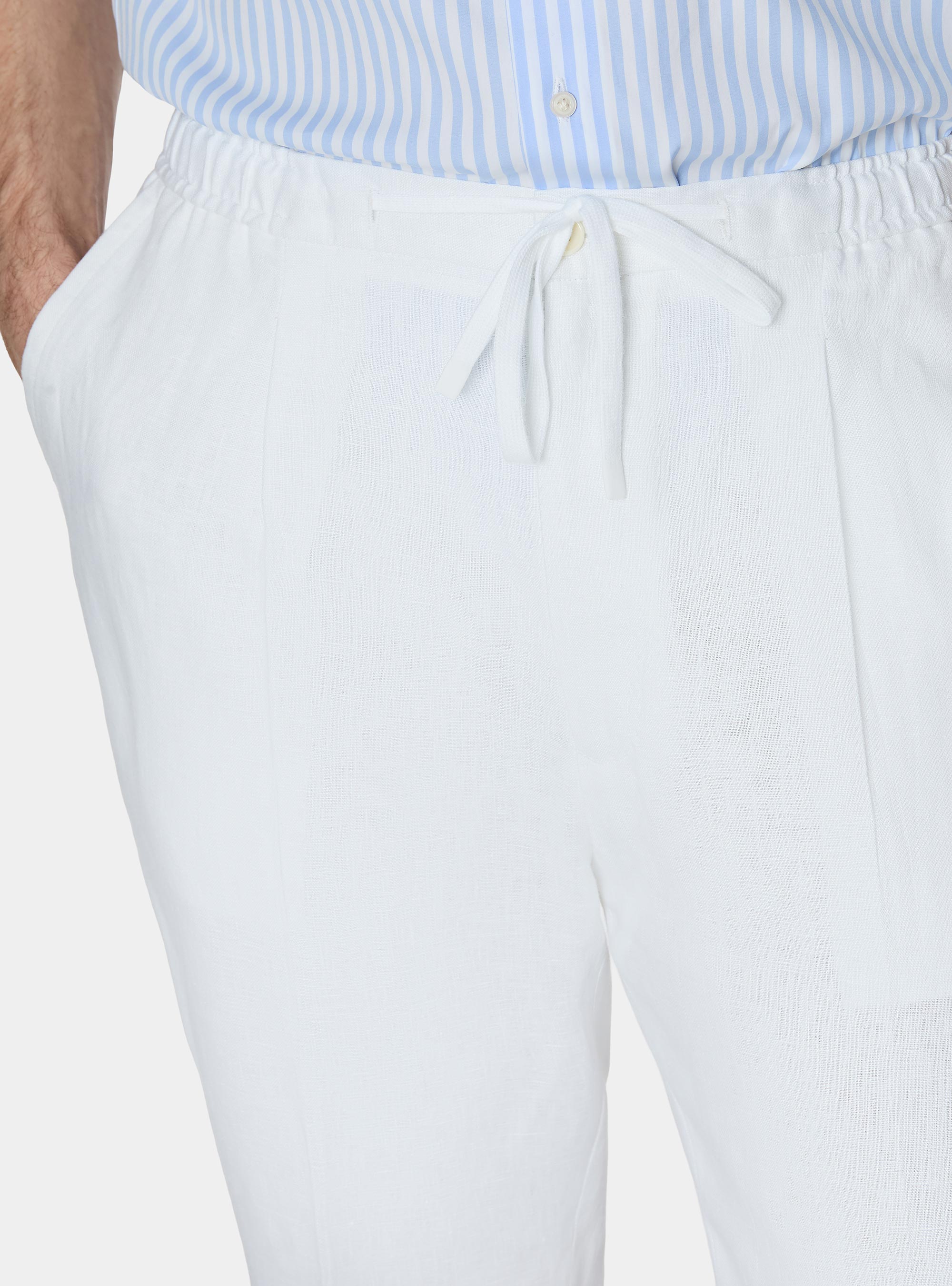 Pantaloni in puro lino con pince e coulisse, BIANCO