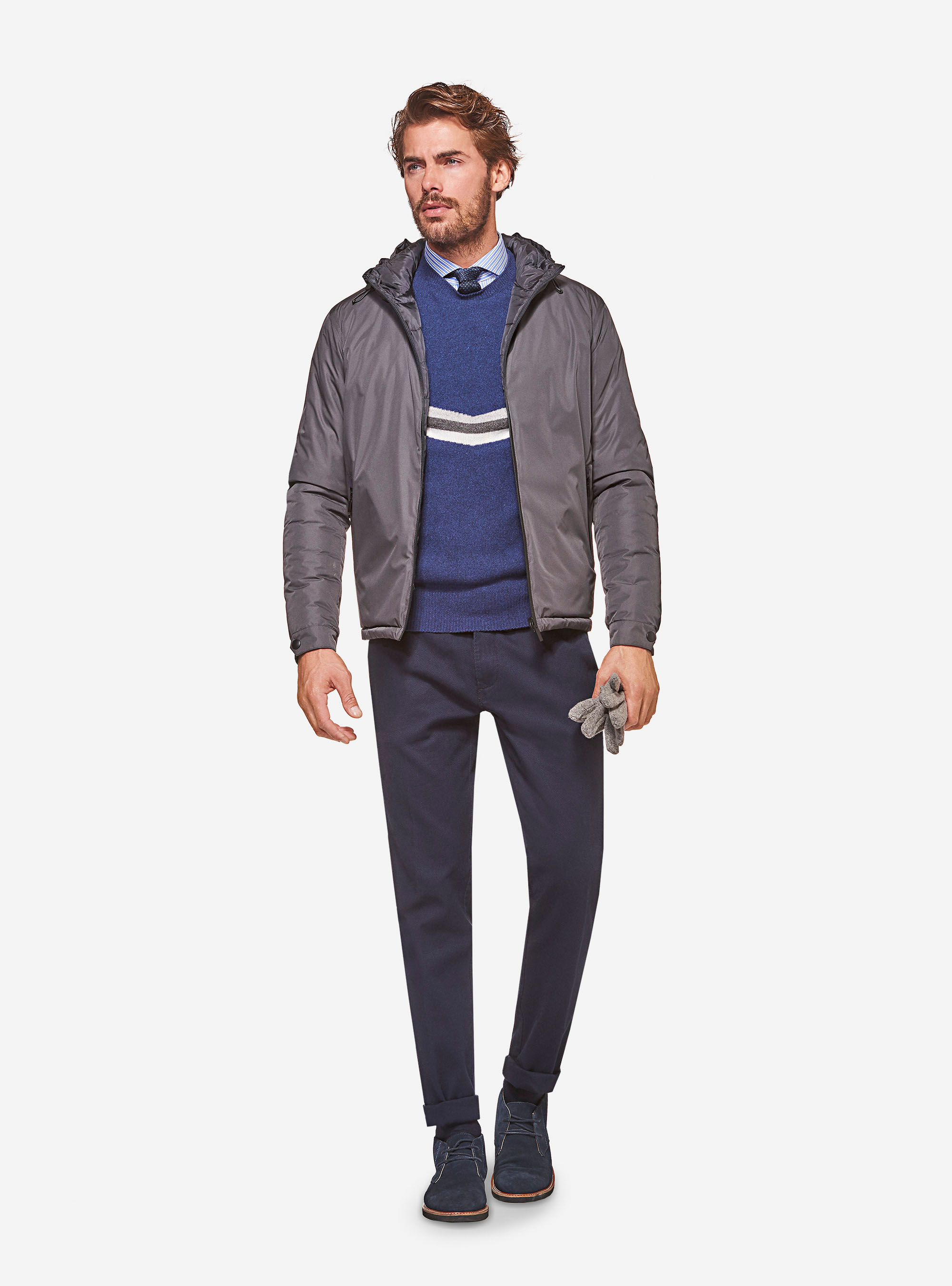 Pantaloni chino slim fit in gabardina armaturata, BLU NAVY