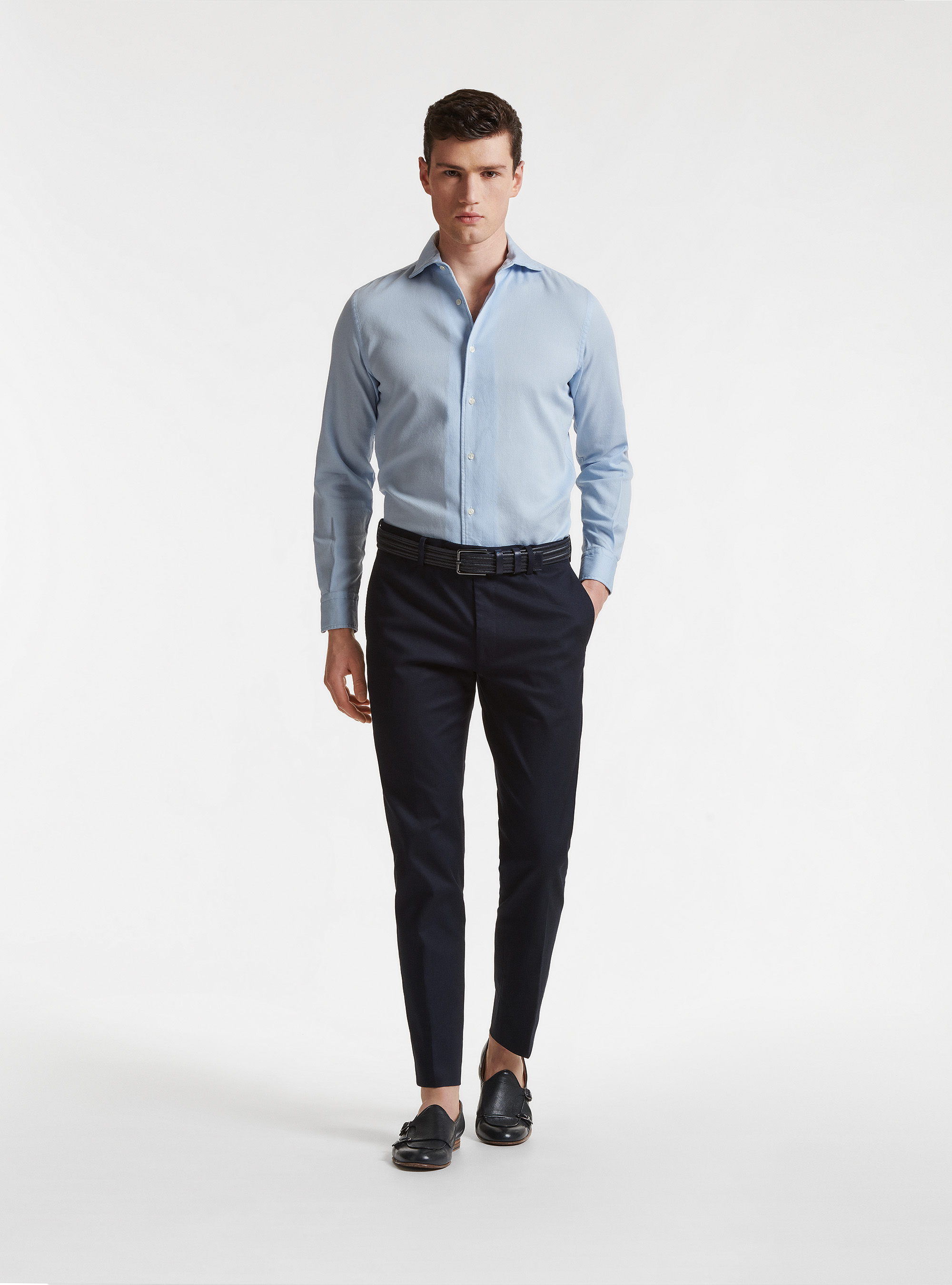 Camicia collo semi francese in cotone tinto in capo, AZZURRO