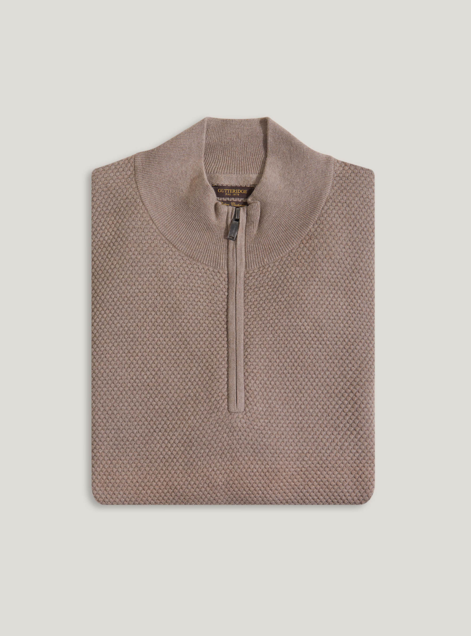 Maglia mezza zip in cotone e cashmere, ECRU