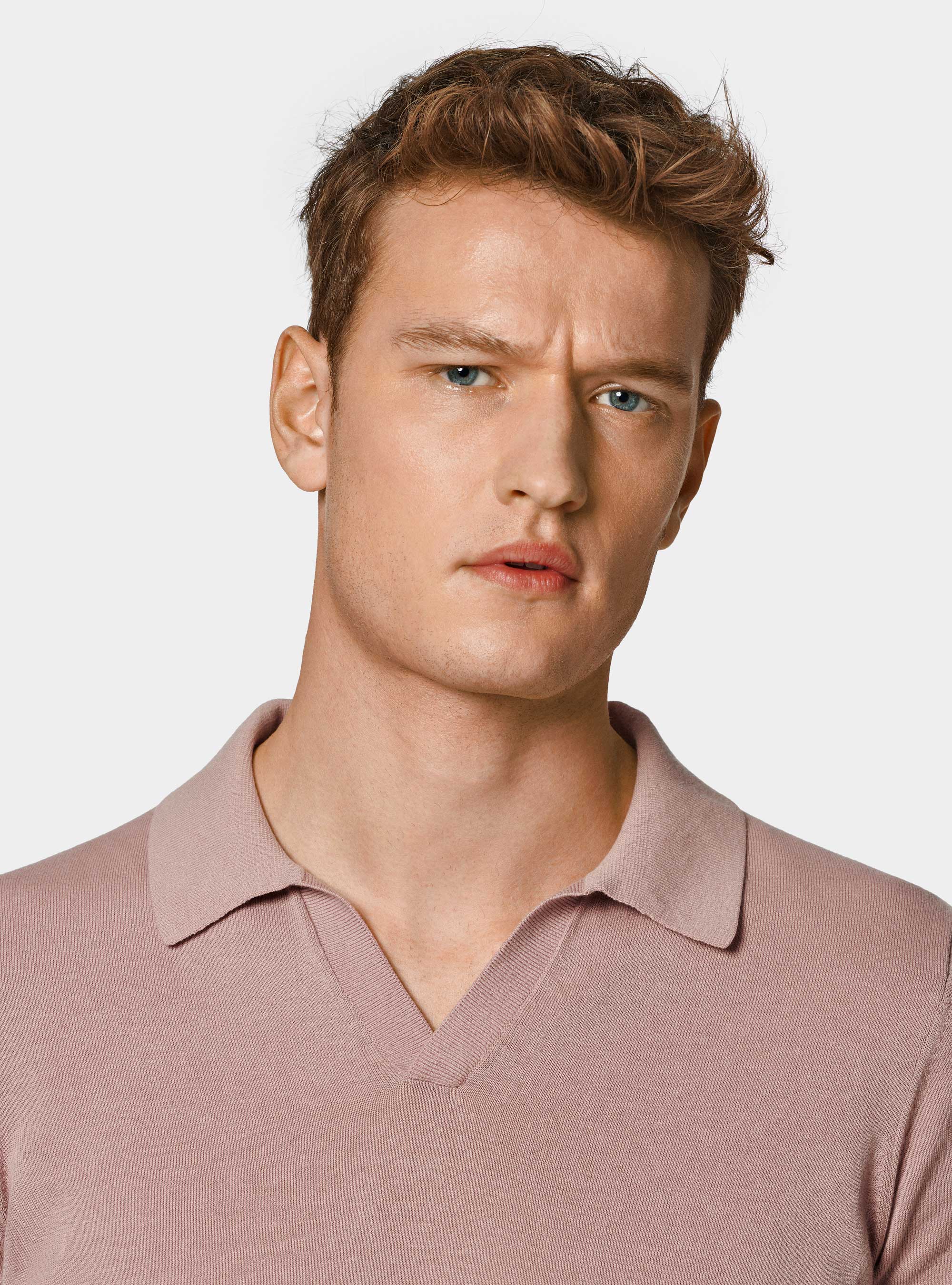 Polo in maglia senza bottoni in cotone extrafine, 0441C ROSA SCURO
