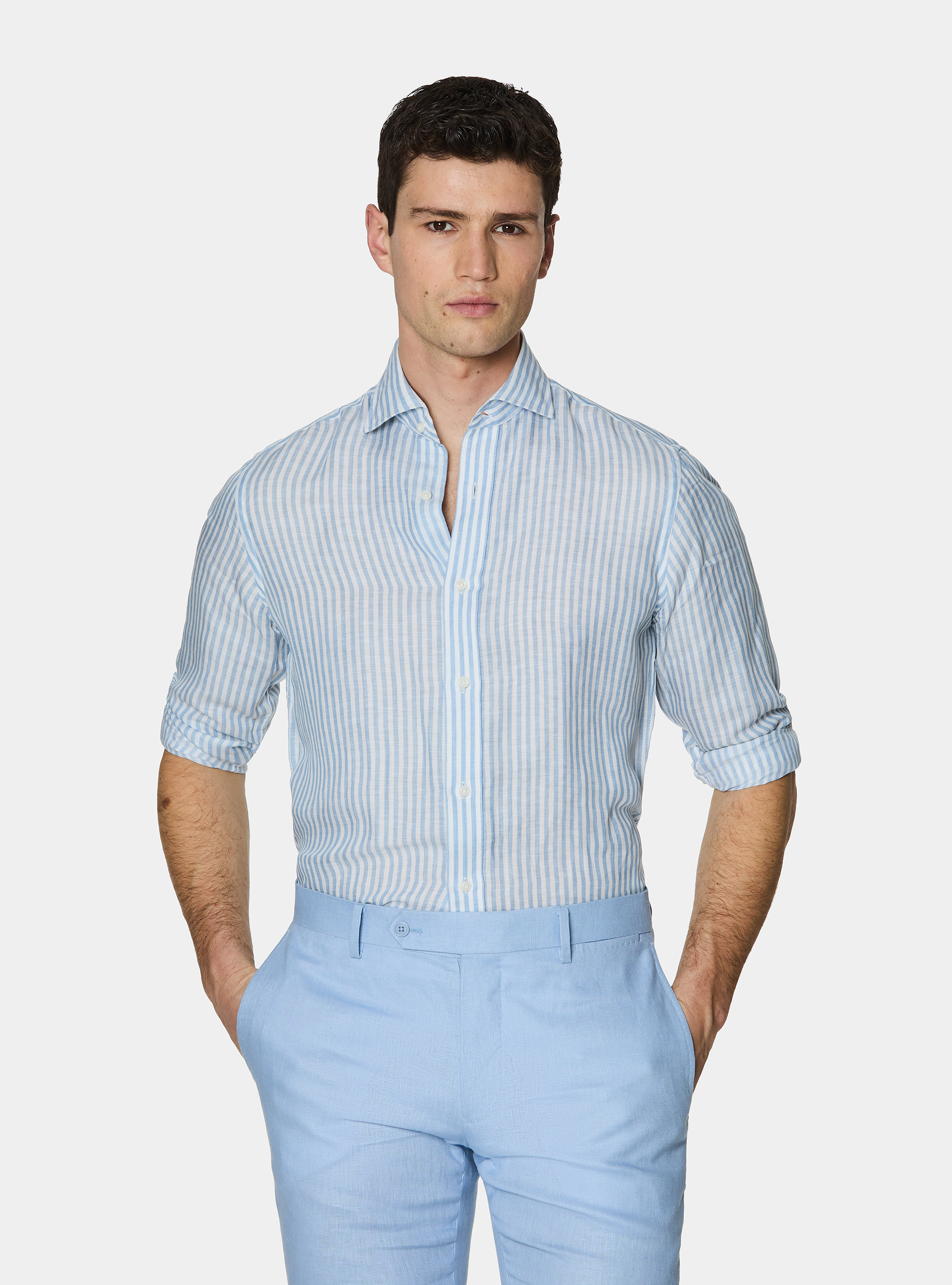 Linen blend striped shirt, LIGHT BLUE