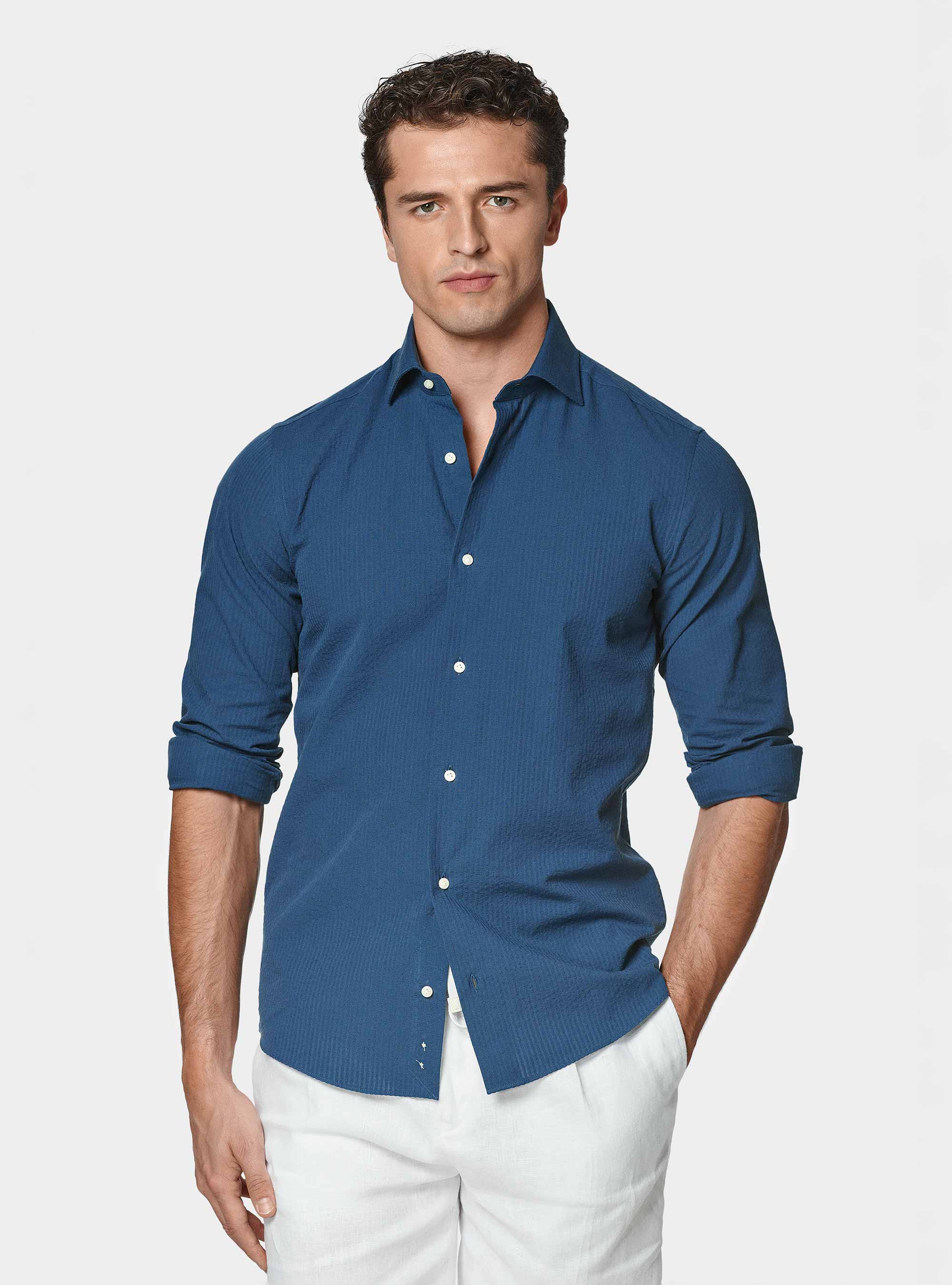 Pure cotton seersucker shirt, 0243C DENIM