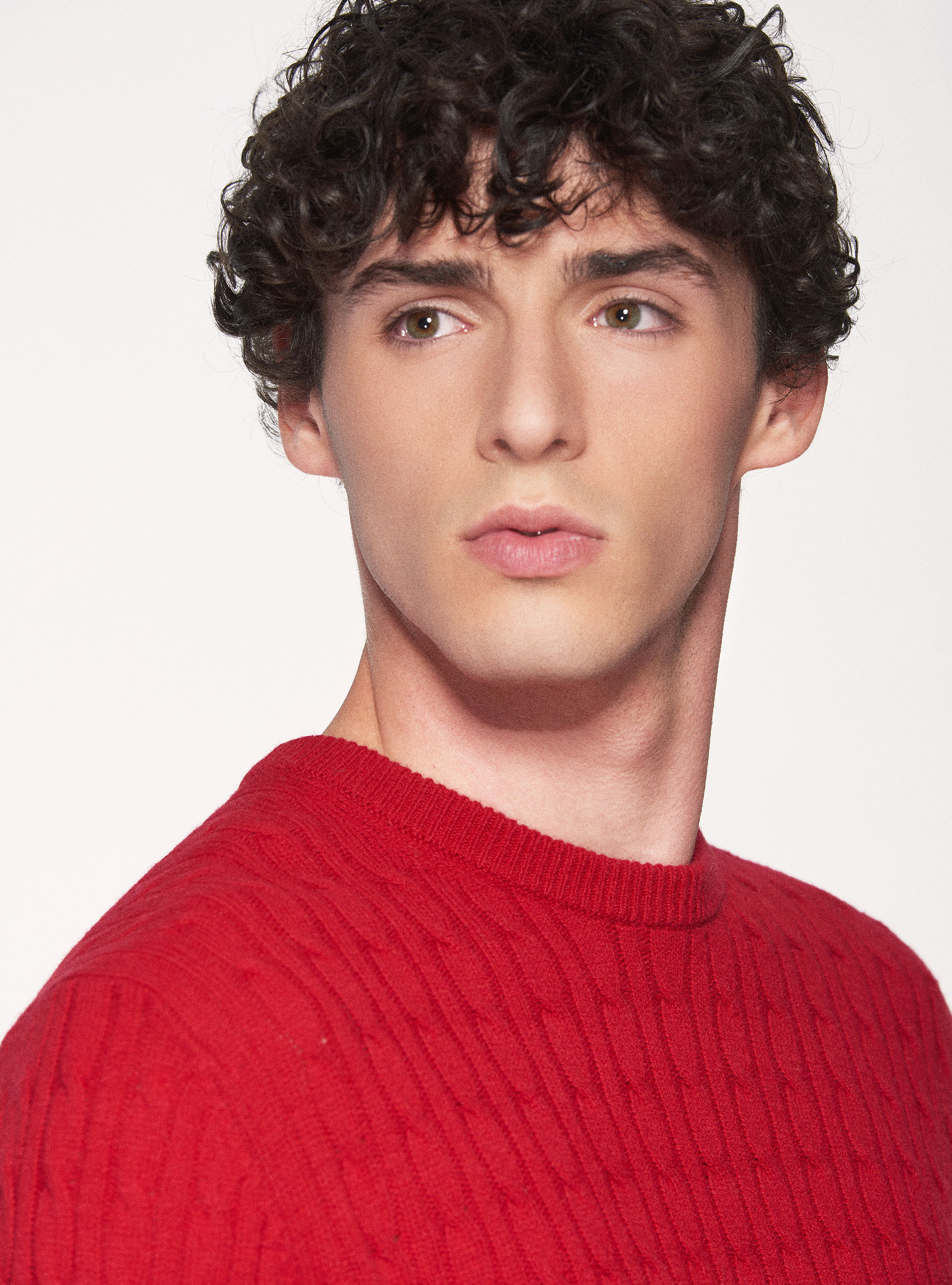 Maglia treccia girocollo in lana lambswool e cashmere, ROSSO