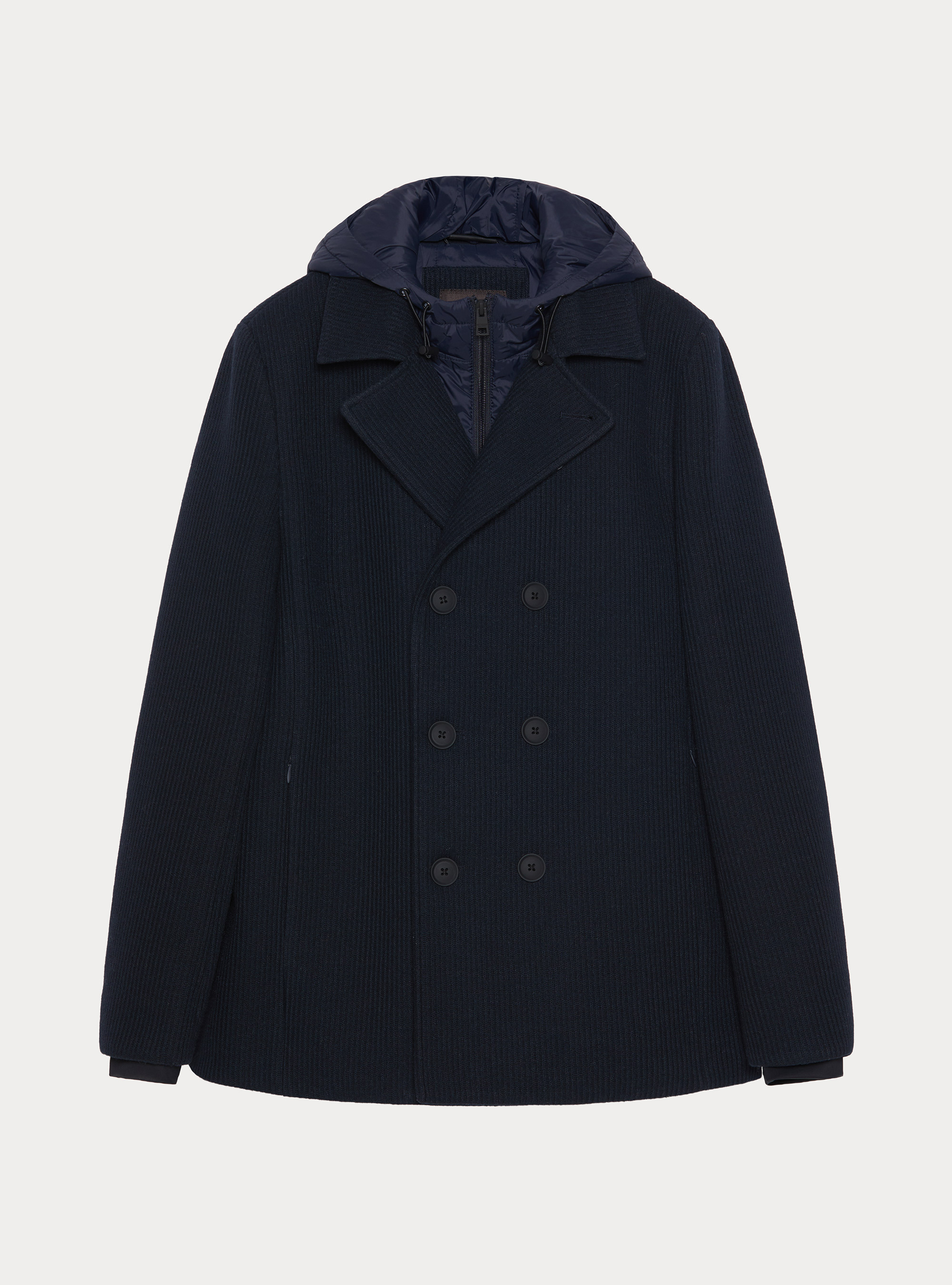 Double-breasted ribbed jacket with removable bib and hood, NAVY BLUE