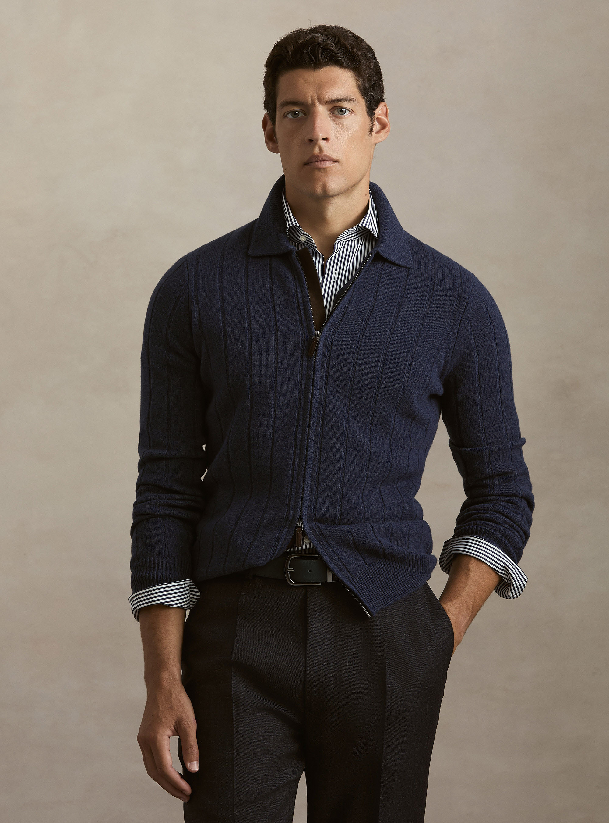 Full-Zip Pullover aus Wolle-Kaschmir mit Flachrippe, INCHIOSTRO 0232C