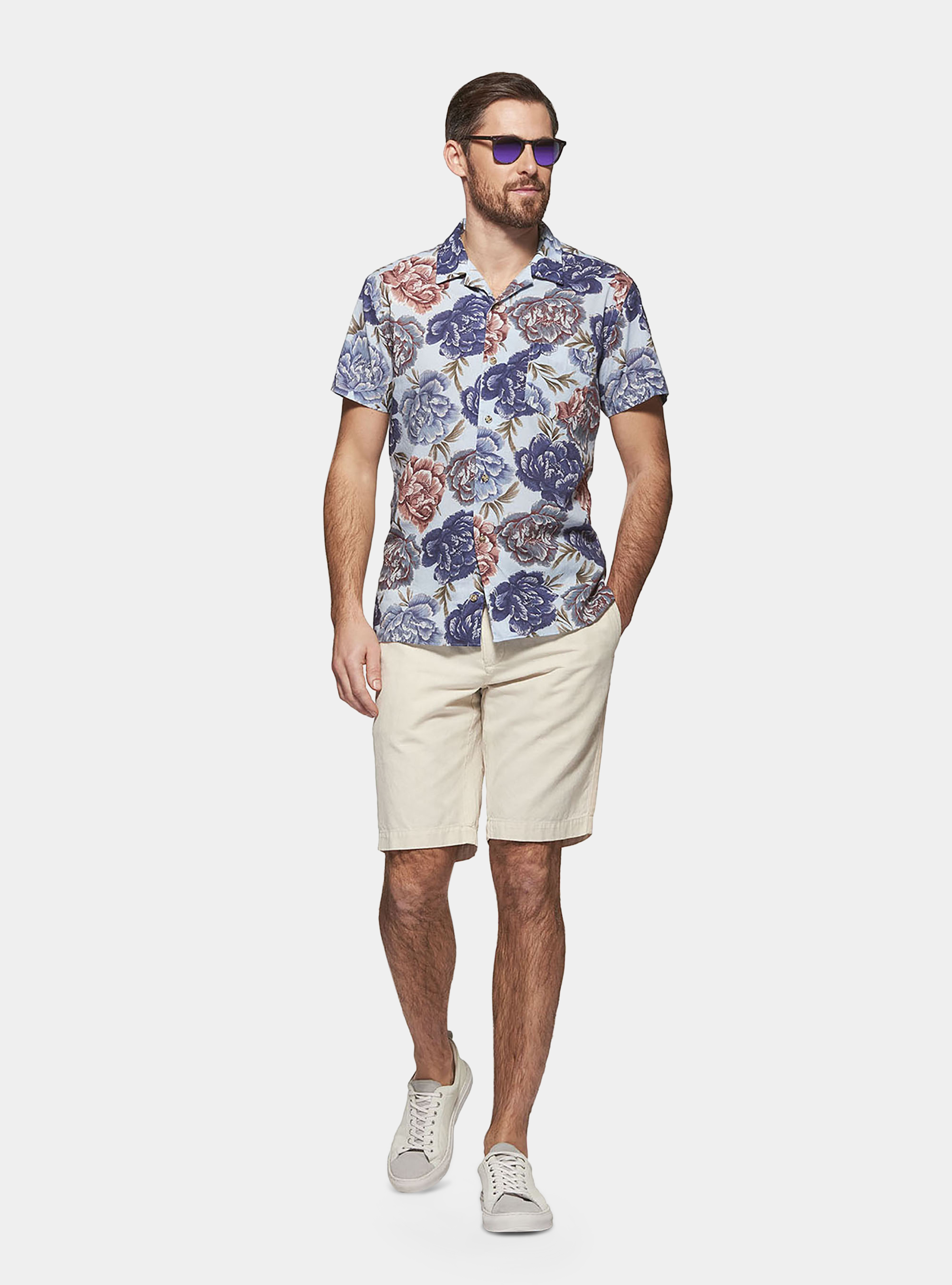 Camicia collo bowling in cotone stampato, MULTICOLORE