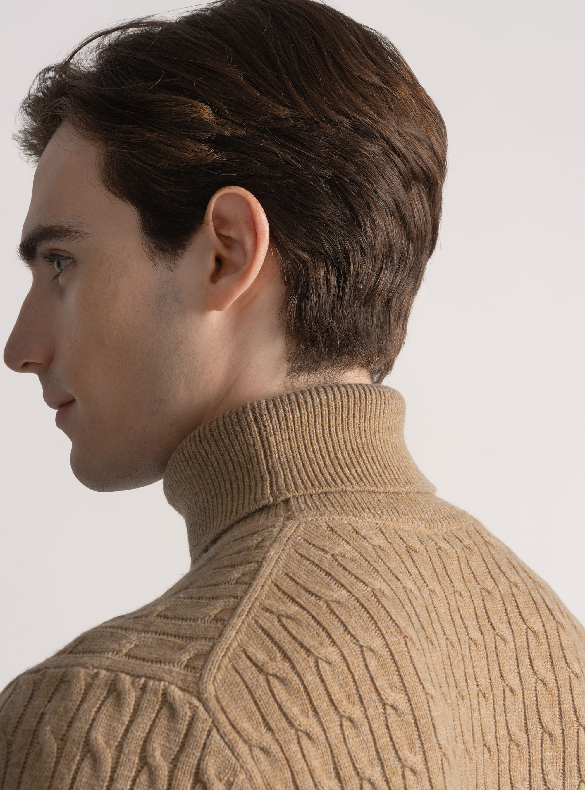 Punto de cuello alto en mezcla de lana con trenza, CAMMELLO 0570C