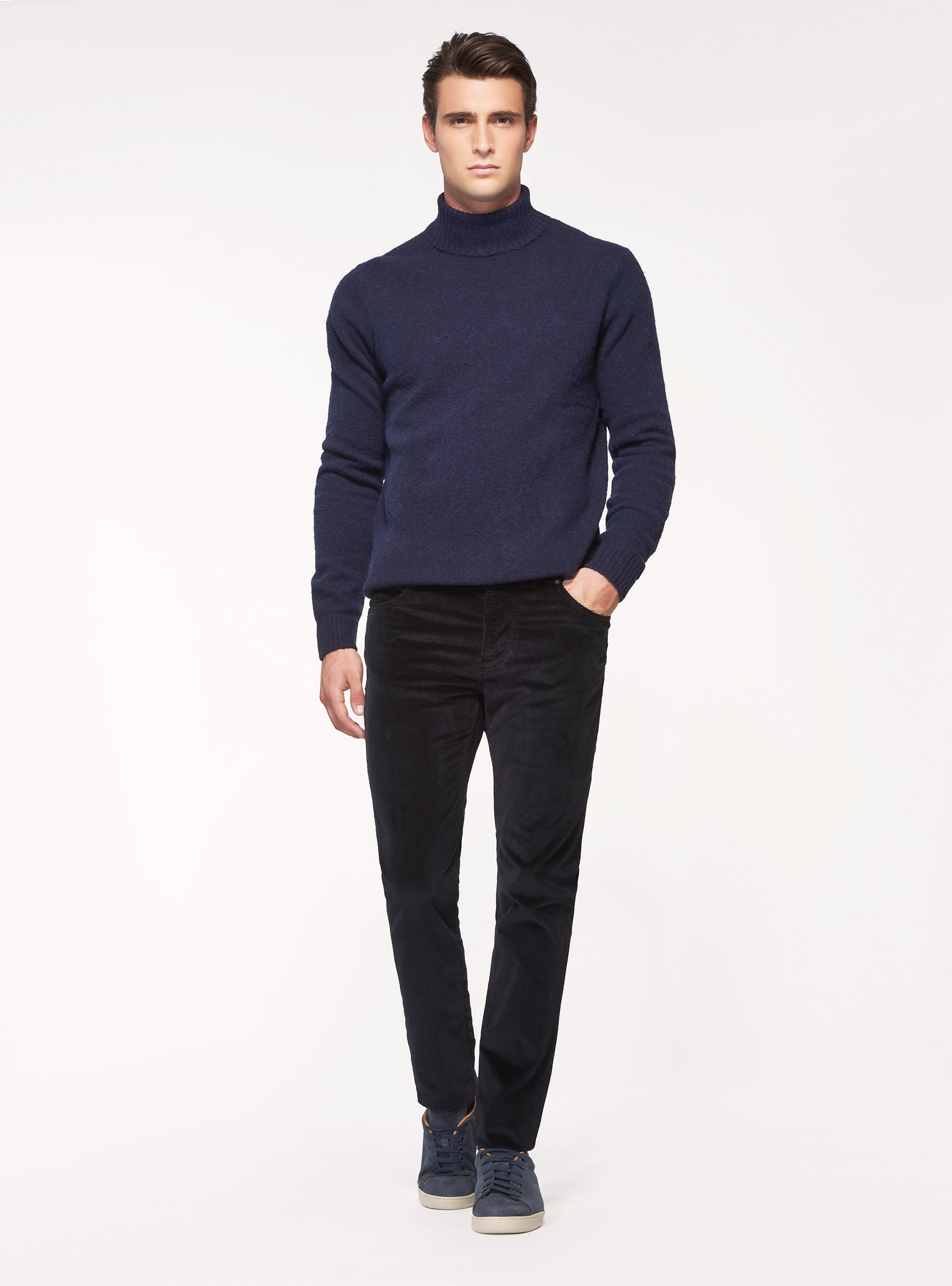 Pantaloni cinque tasche in velluto di cotone stretch, BLU NAVY