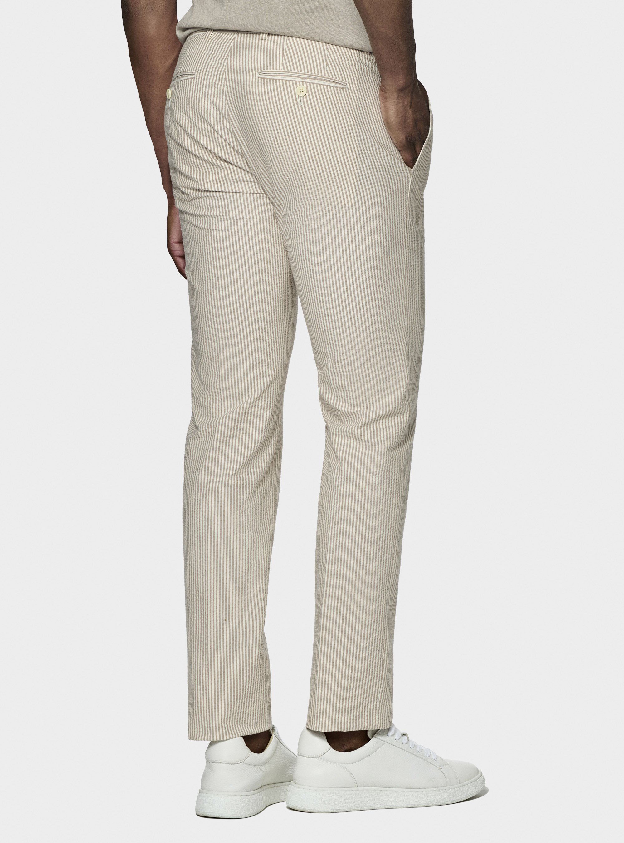 Pantaloni seersucker in misto cotone rigato, SABBIA