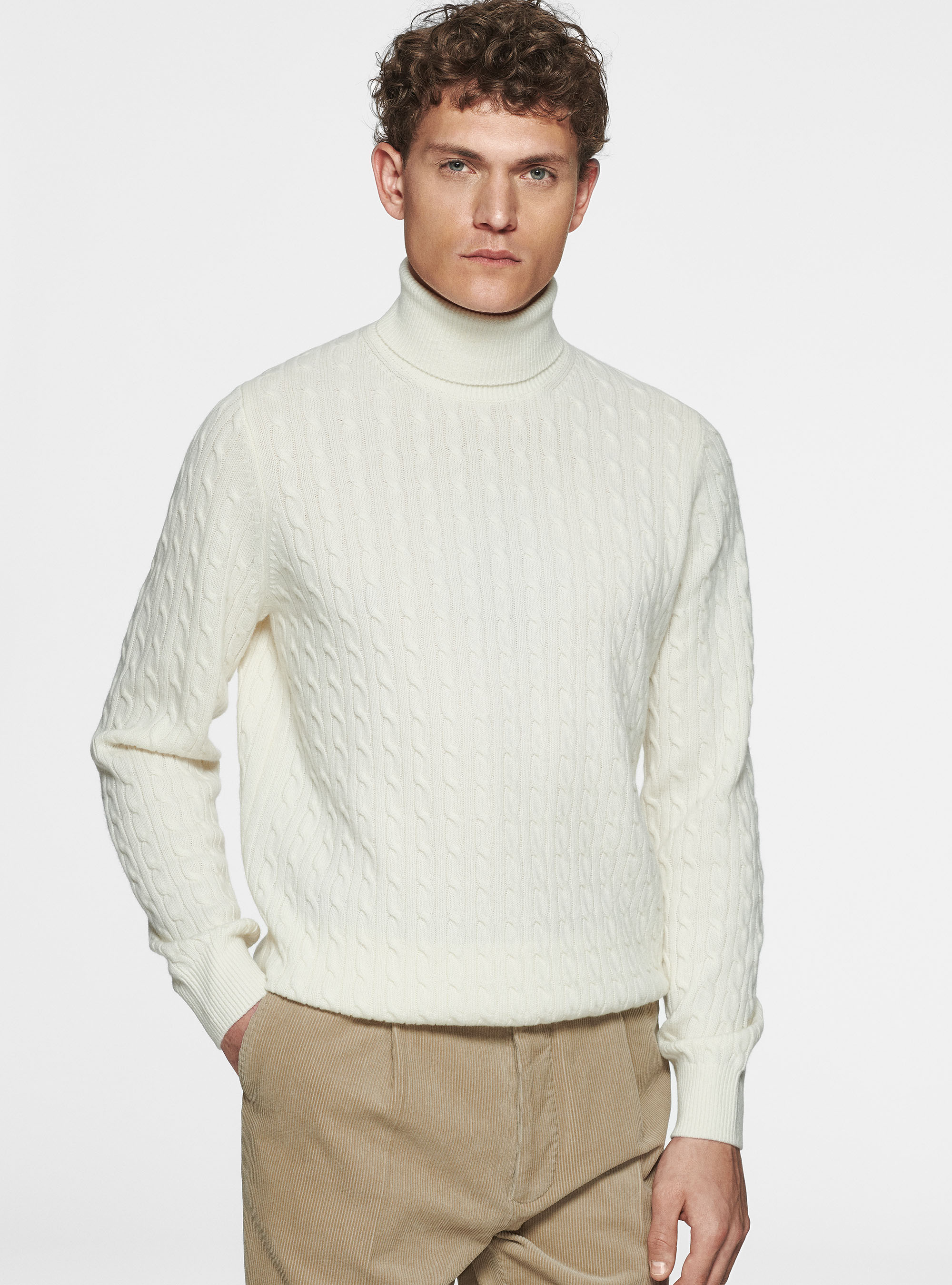 Maglia collo alto in lana cashmere con treccia, BIANCO