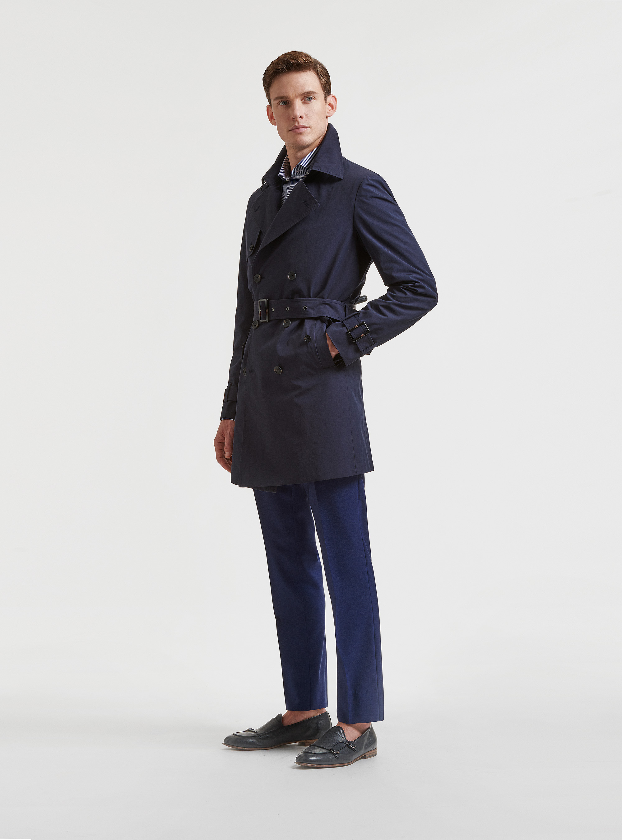 Impermeabile doppiopetto in twill misto cotone tecnico, BLU NAVY